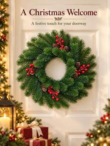1pc 38cm Christmas Wreath, Green Needle Foliage, Solid Color Or Red Berry & Pine Cone Style Optional, Holiday Door & Wall Decor, Suitable For Home, Entryway & Living Room Christmas Decoration - Multiple Styles - View 6