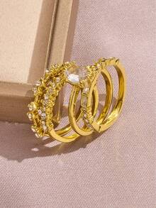 Elegant Stackable Ring Set, 4pcs Geometric Layered Rings With Sparkling Zirconia, Perfect Gift, Fashionable Rings For Special Occasions - Yellow Gold - View 3