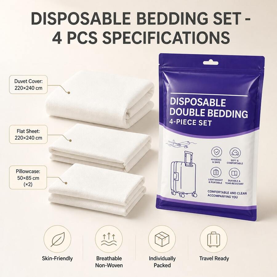 4pcs Disposable Portable Travel Bedding Set, Hotel Disposable Bedding, Business Travel Bedding, Essential Bedding For Travel, Hotel, Hospital, Train And Camping, Disposable Bedding Set, Large Disposable Travel Bed Sheet, Use And Discard - White - View 1