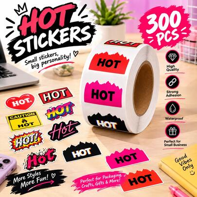 300Pcs/Roll HOT Stickers, Multicolor Assorted Designs Self-Adhesive Labels, Waterproof Strong Adhesive Stickers For Small Business Packaging, Gift Decor, Crafts & Scrapbooking