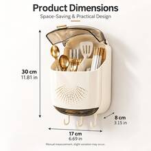 1pc Wall-Mounted Flip Cover Dust-Proof Utensil Storage Rack, Detachable 4-Compartment Kitchen Organizer With Drip Tray And 3 Hooks, No-Drill Kitchen Storage Rack, Suitable For Chopsticks, Spoons, Forks And Cooking Tools - Multicolor - View 12