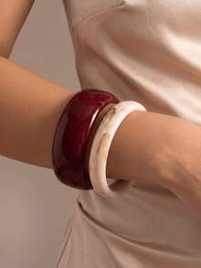 2pcs Burgundy And Beige Textured Wide Resin Bracelets, Fashion Vintage Stackable Daily Women's Bracelets - Burgundy + Off-white - View 8