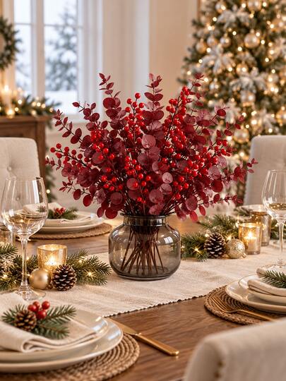 40pcs Artificial Red Berry Branches With Burgundy Eucalyptus Stems,Faux Christmas Floral Picks For Winter Vase Arrangements, Holiday Wreath And Garland DIY,Table Centerpiece,Mantel, Entryway, Christmas Party,Indoor Rustic Farmhouse Home Decoration