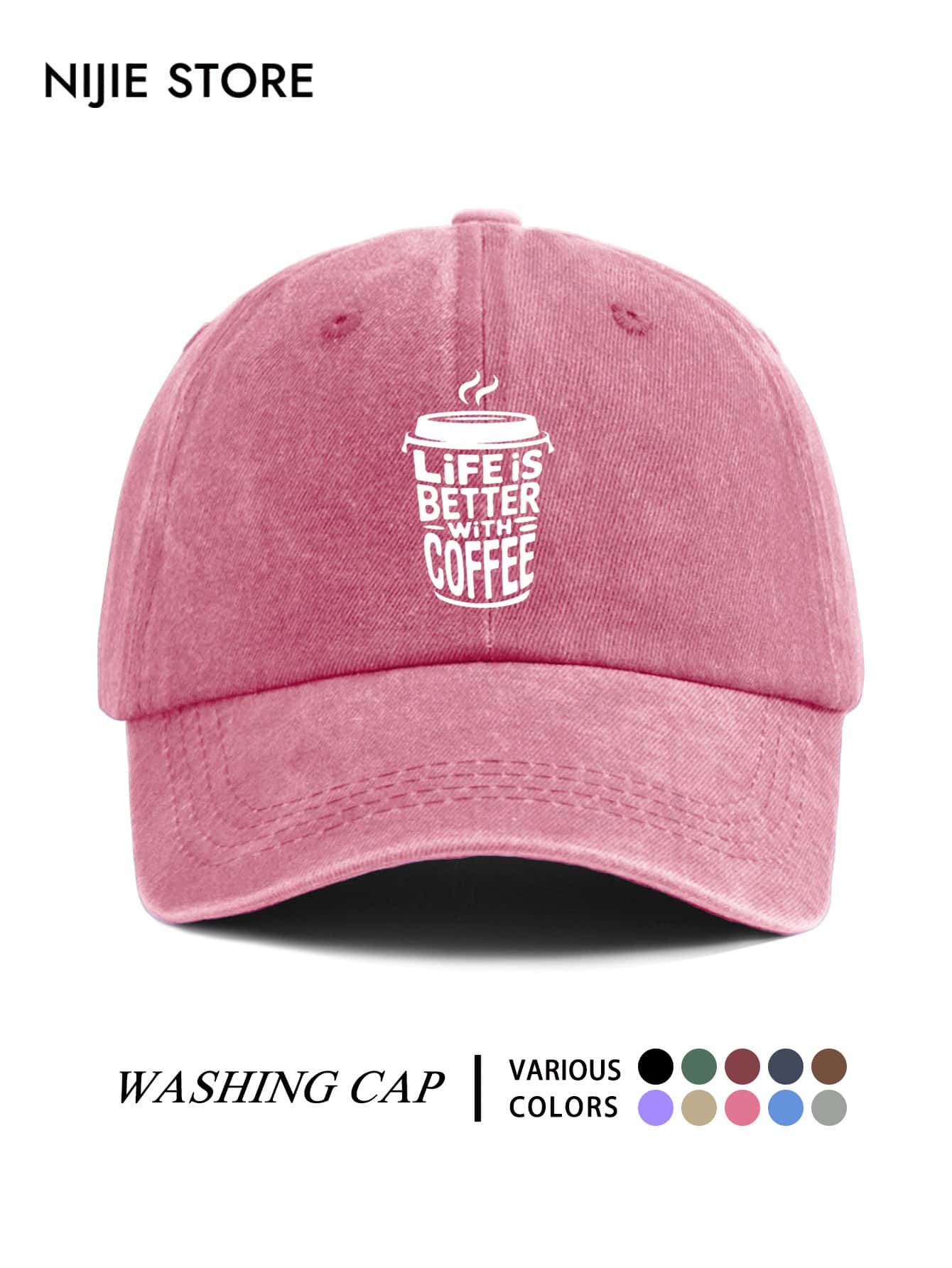 Vintage Washed Distressed Soft Top Baseball Cap For Women, Life Is Better With Coffee Coffee Cup Letter Print Curved Brim Baseball Cap, Outdoor Adjustable - A - View 1