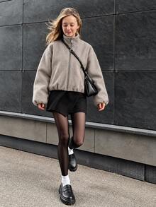 Women's Autumn/Winter Long Sleeve Stand Collar Short Flight Jacket - Mocha Brown - View 2