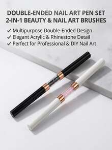 Dual-Ended Nail Art Brush & Spatula Pen Set, Rhinestone Handle Ombre Gradient Shading UV Gel Painting Brush & Cuticle Pusher Manicure Tools - Black and White - View 1