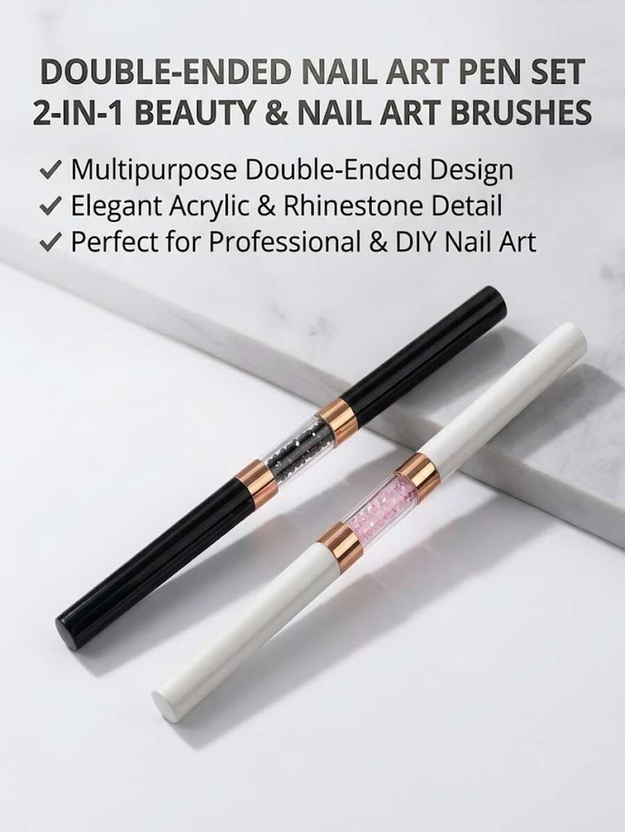 Dual-Ended Nail Art Brush & Spatula Pen Set, Rhinestone Handle Ombre Gradient Shading UV Gel Painting Brush & Cuticle Pusher Manicure Tools - Black and White - View 1