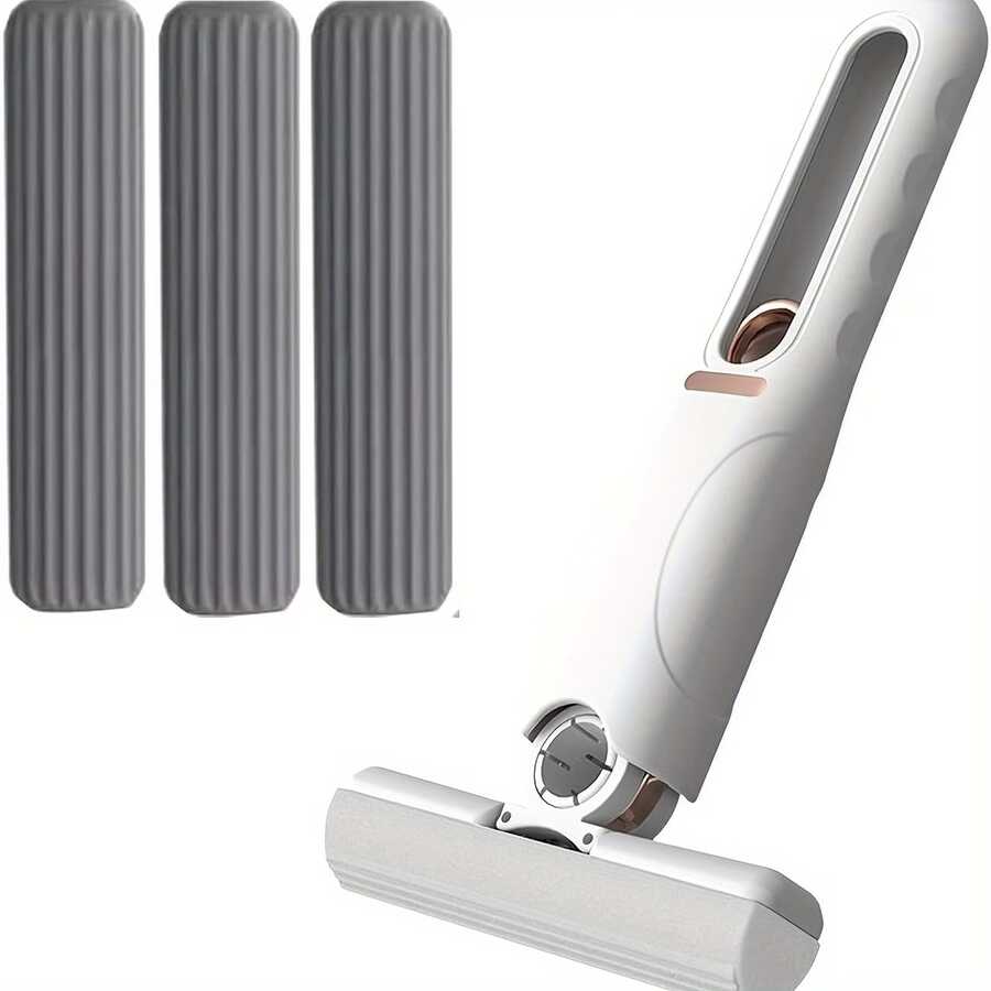 4 Pcs / 1 Set (1 White Handle + 3 Mop Heads) Mini Mop With Self-Squeeze Mechanism - Portable, White Synthetic Fiber Cleaning Tool, Suitable For Home, Living Room, Bedroom, Furniture And Window Cleaning, Window Cleaning Tool | Modern Mini Mop | Compact Design