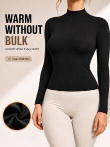 Women's Warm Base Layer Top, Solid Color Crew Neck Long Sleeve Shirt, Soft Elastic Slim Fit Second Skin Basic T-Shirt, Lightweight Outerwear Blouse, Autumn - Black - View 11