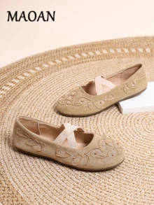 Women's Mary Jane Ballet Flats, Round Toe Cross Elastic Strap, Floral Embroidery Beaded Bohemian Style, Comfortable Slip-On, Daily & Vacation Wear - Khaki - View 3