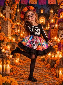 Vestido Catrina Mexicana para Niña – Modelo Día de Muertos - Negro - Ver 1