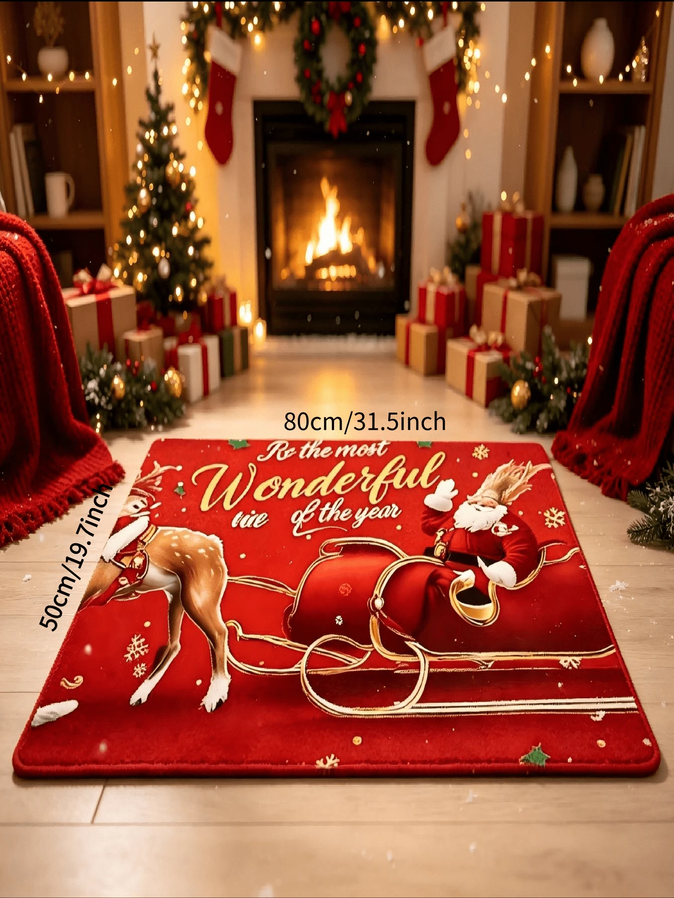 Santa Claus Sleigh & Reindeer Print Area Rug, Soft Flannel Carpet, Machine Washable, Holiday Party Decor For Living Room And Bedroom - Multicolor - View 1