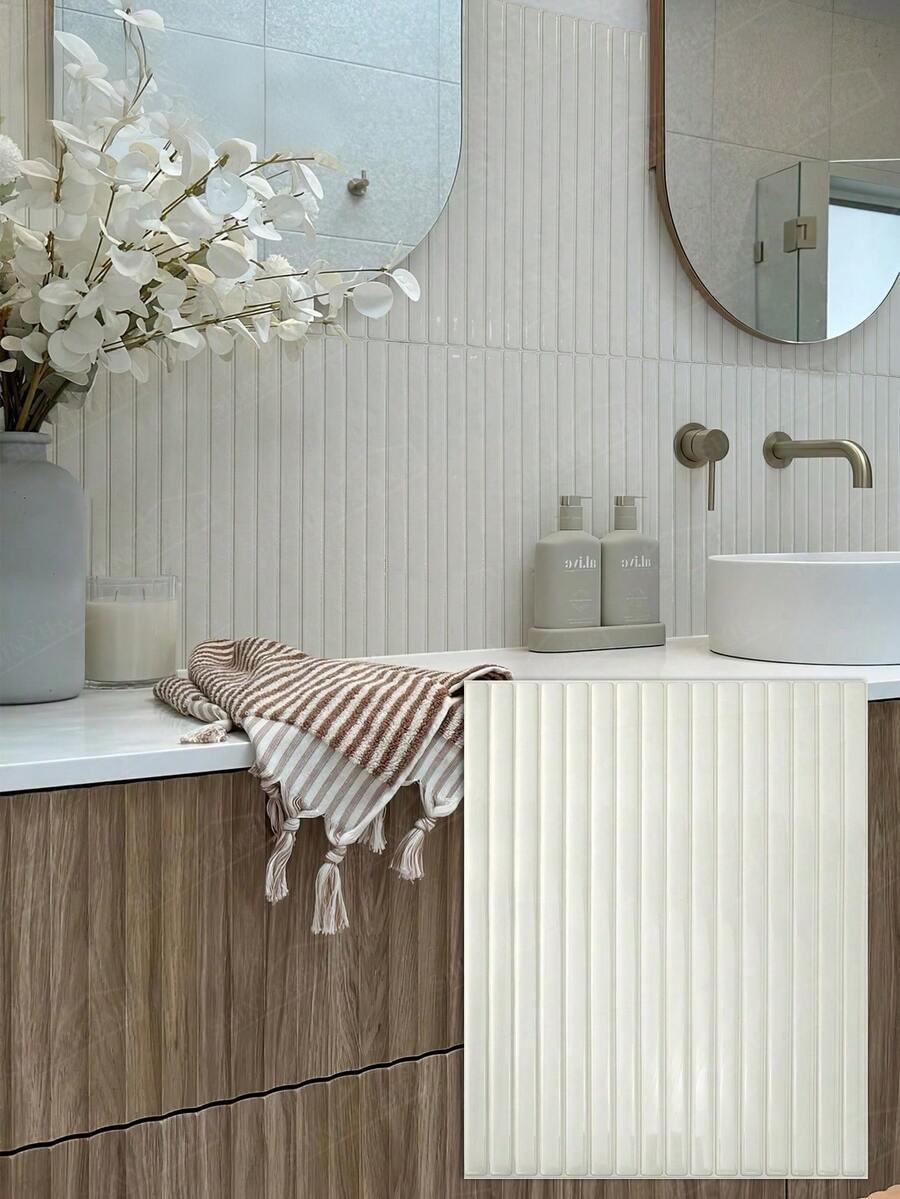 5/15pcs Kitchen Self-Adhesive Anti-Splash Wall Stickers: Bathroom Self-Adhesive Wall Tiles - Thickened Vinyl Anti-Splash Wall Tiles, Thickened Design - White Strip Kitchen Stickers - View 1