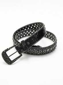 1pc Unisex Solid Color Rhinestone Buckle Belt Strap Hip Hop Punk Y2K Street Fashion Waist Belt - Black - View 2