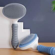 3PCS Pet Cleaning Set (Floating Hair Brush + Flea Comb + Pet Finger Toothbrush) Universal For Cats And Dogs, One-Click Self-Cleaning Hair Removal Comb, Grooming Hair To Reduce Shedding, Easy To Clean And Maintain Fur, Blue And White Design Pet Grooming Tool - Grey - View 9