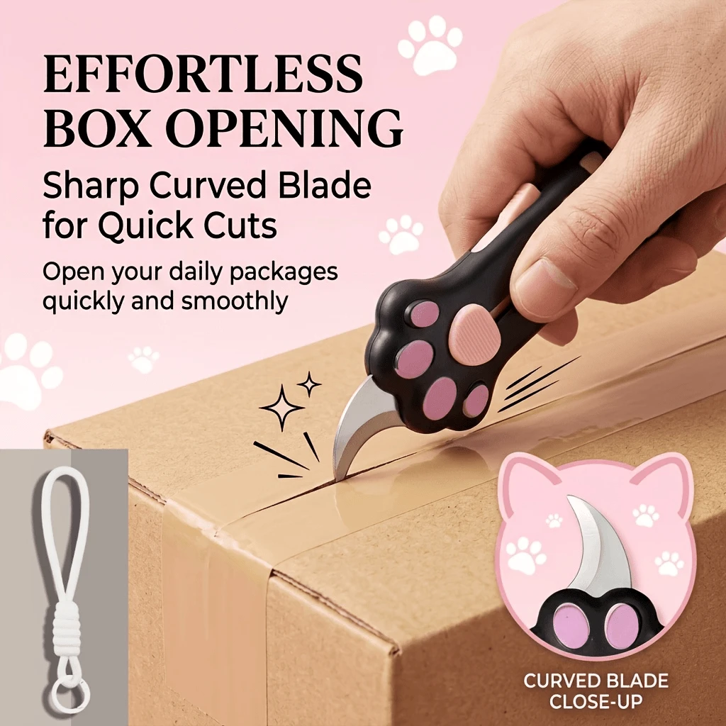 2pcs Set (1pc Cute Cat Paw Retractable Utility Knife + 1pc Lanyard) Portable Curved Blade Box Opener, Non-Slip Handle, Suitable For Home Package Unboxing, Crafting, Back To School And Office Desk Accessories - Multiple Styles - View 1