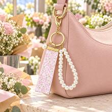 Floral Woven Strap With Faux Pearl Bag Charm (Includes Metal Lobster Clasp And Key Ring), Vintage Style Accessory, Suitable For Handbags, Tote Bags And Keys, Bag Charm - Multicolor - View 7