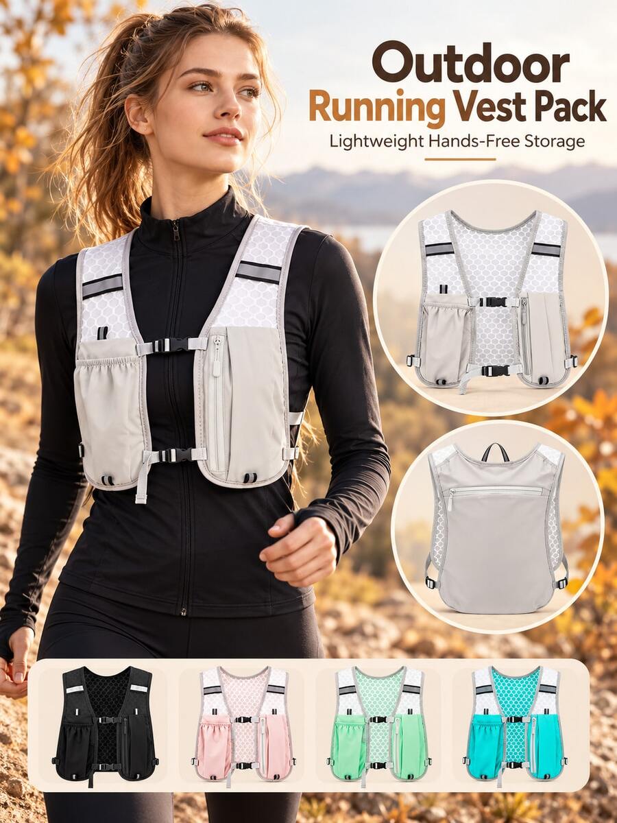 Modern Sports Polyester Running Vest Pack, Unisex, Lightweight Breathable Mesh Backpack With Adjustable Chest Buckle, Front Zipper Pocket And Rear Storage Compartment, Hands-Free Phone Holder, Suitable For Trail Running, Hiking, Cycling, Autumn/Winter - Multicolor - View 1