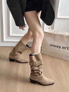 Women's Black Western Cowboy Knee-High Boots, Vintage Belt Buckle Chunky Heel Pointed Toe Slip-On Riding Boots, Suitable For Autumn/Winter - Khaki - View 2