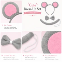 Mouse Costume Accessories For Adults - Grey Mouse Ears Headband Set, Plush Bow Tie And Bendable Tail, Cute Animal Cosplay Kit For Halloween Carnival - Beige - View 7