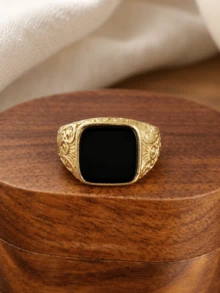 Cincin Hitam Pria Klasik, Cincin Stempel Berlapis Emas Kuning, Pita Bermotif Terukir, Cincin Segel Persegi, Hadiah Istimewa untuk Suami - Hitam - View 2