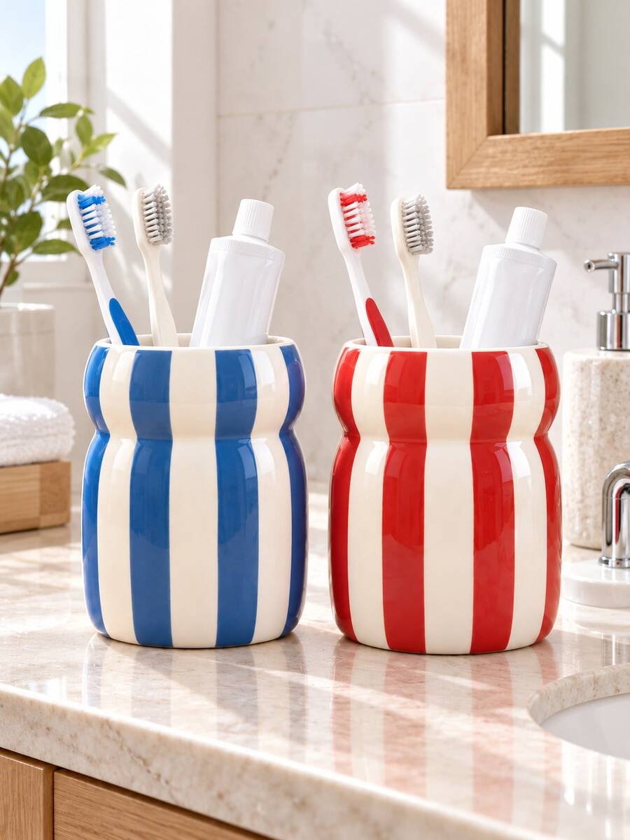 Striped Toothbrush & Toothpaste Holder, Red Or Blue Bathroom Countertop Storage Rack, Vanity And Sink Decor Storage Cup - Multicolor - View 1