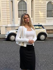 時尚街頭風鈕扣開襟針織外套 素色修身女款優雅長袖上衣 - 白色 - 查看 3