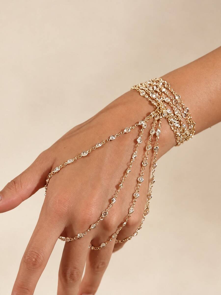 1pc New Multi-Layer Finger Bracelet, Light Luxury Ins Style Fashion Hand Chain, Elegant Bridal Wedding Party Versatile Hand Accessory - Gold - View 1