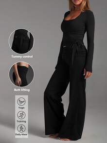 2pcs Yoga Fitness Workout Set: Wrap Waist Long Sleeve Sports Top + High Waist Wide Leg Pants - Black - View 1