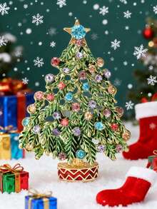 1pc Vintage Rhinestone Christmas Tree Brooch Set, Enamel Xmas Lapel Pins Holiday Costume Jewelry Gift - Multicolor - View 6