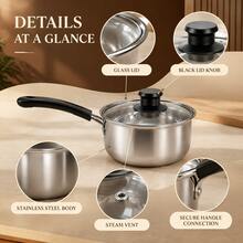 7.09 Inch 18cm Stainless Steel Milk Pan, Single Handle With Glass Lid, Mini Multipurpose Saucepan Soup Pot For Baby Food Noodle Cooking, Fast Heat Conduction, Fits Electric Stove - View 4