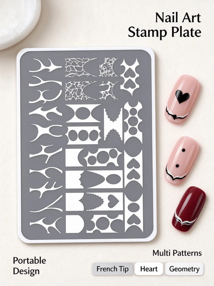Water Wave French Style Nail Art Stamping Plates, Highly Attractive Portable Multi-Pattern French Transfer Templates, Christmas & Halloween Design Creation, Nail Salon DIY Home Manicure, Water Wave Heart & Geometric Patterns, Quickly Create Exquisite Nail Surface Designs - Multicolor - View 1