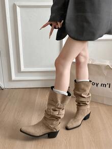 Women's Black Western Cowboy Knee-High Boots, Vintage Belt Buckle Chunky Heel Pointed Toe Slip-On Riding Boots, Suitable For Autumn/Winter - Khaki - View 3