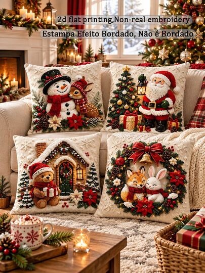 4pcs Christmas Pillowcase Set, Snowman, Reindeer, Santa Claus, Teddy Bear, Fox And Rabbit Wreath Print Decorative Cushion Covers, Cute Winter Holiday Throw Pillow Covers, Suitable For Sofa, Living Room, Bedroom Home Decor, Pillow Inserts Not Included