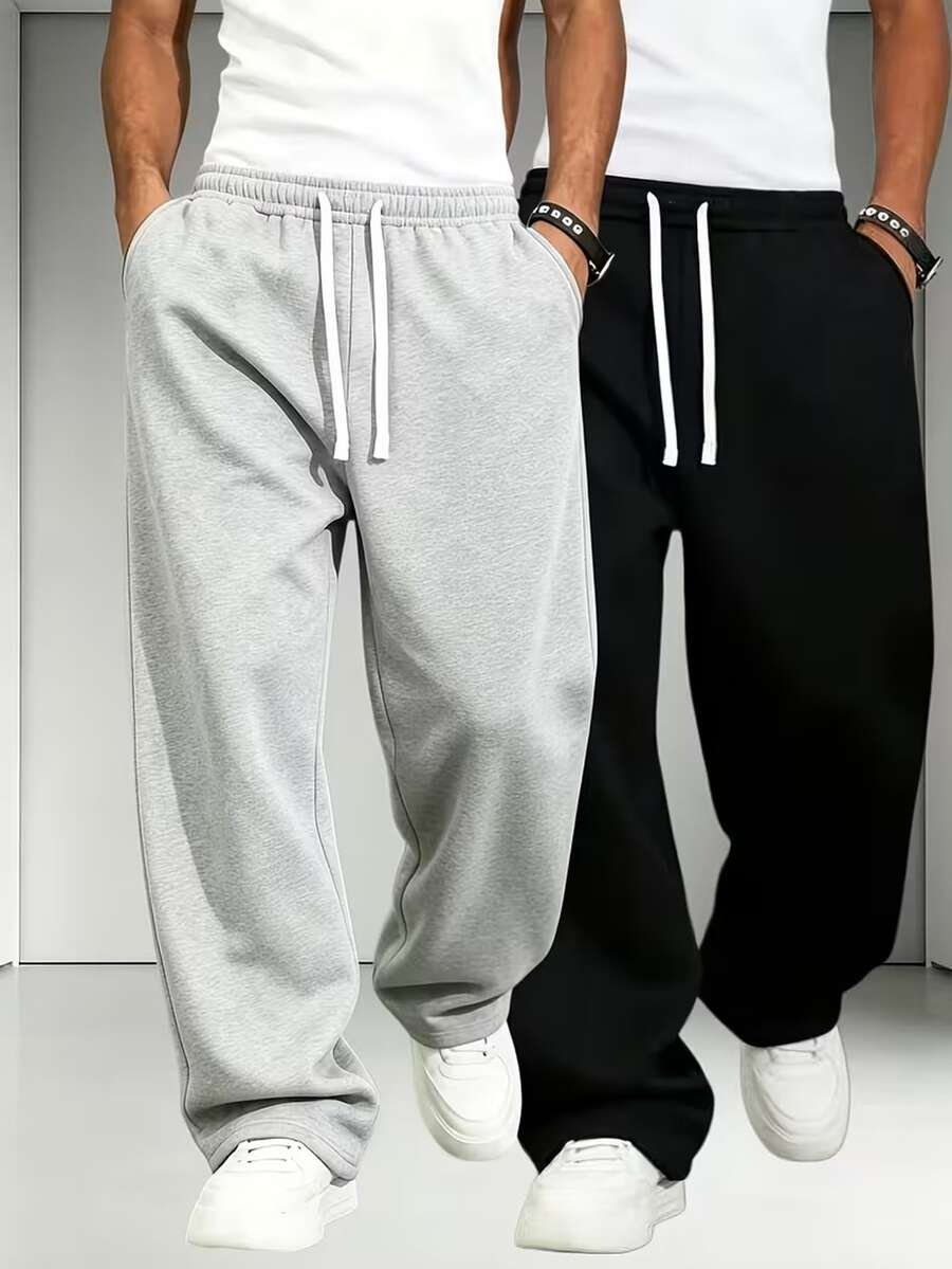 2pcs Plus Size Men's Casual Sports Sweatpants, Loose Straight Fit, Excellent Drape Suitable For Home And Outdoor Multiple Scenarios, Can Be Used As Couple Gift, Made Of 100% Polyester Fiber, Drawstring Waist Adjustment, Suitable As Gift For Boyfriend And Father, Can Be Used As New Year Gift, Christmas Gift, Halloween Gift - Multicolor - View 1