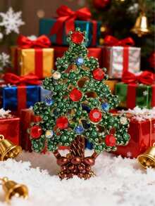 1pc Vintage Rhinestone Christmas Tree Brooch Set, Enamel Xmas Lapel Pins Holiday Costume Jewelry Gift - Multicolor - View 5