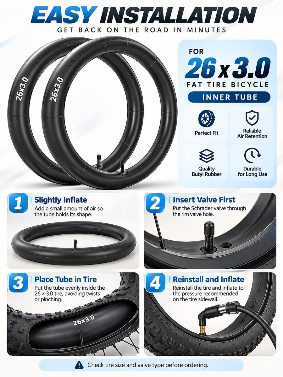 GLDYTIMES 26x3 Fat Tire Inner Tube, Suitable For 26X3 26X3.50 Electric Bicycle Tires, American Valve, Suitable For Road Bike/Mountain Bike/Electric Bicycle - Black - View 1