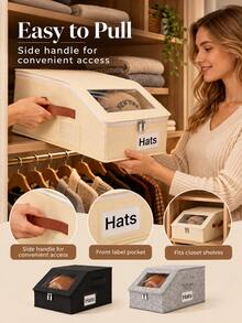 Fashionable Fabric Hat Storage Box, Transparent Window Lid, Double Zipper Closure, Side Handles, Label Slot, Large Capacity Foldable Hat Organizer, Suitable For Baseball Caps, Knit Hats, Scarves, Closet, Bedroom, Wardrobe, Dorm, Autumn/Winter Home Storage - Multicolor - View 7