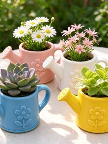 Creative Watering Can Embossed Ceramic Small Flower Pot, Macaron Colorful Mini Succulent Planter, Desktop Gardening Decorative Potted Plant Container - Watering Can - View 3