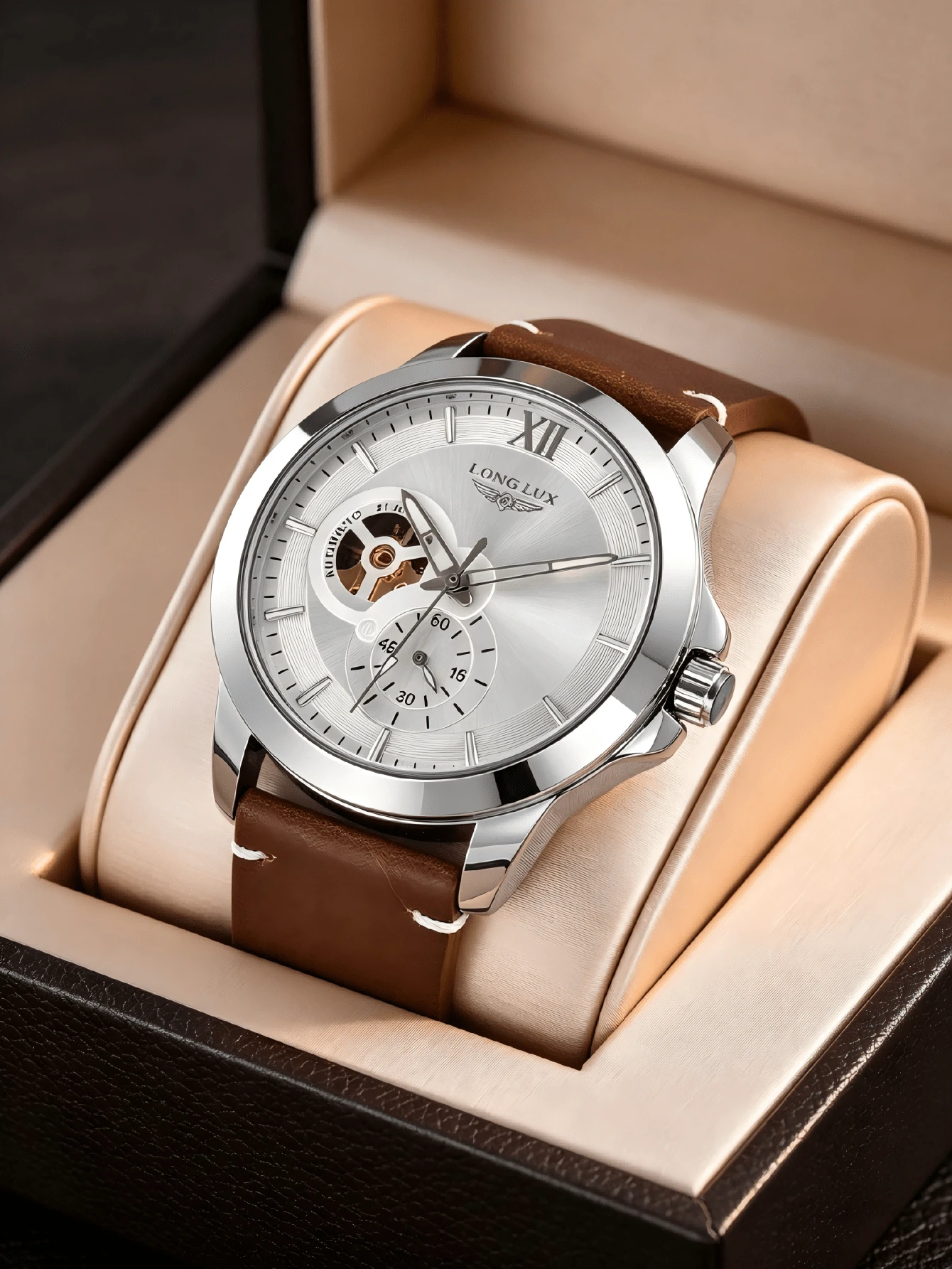 LONGLUX 1pc Men's Automatic Mechanical Watch, Hollow Design, Business Casual, PU Leather Strap, Daily Wear, Holiday Gift