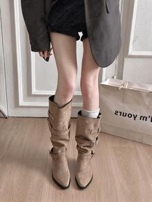 Women's Black Western Cowboy Knee-High Boots, Vintage Belt Buckle Chunky Heel Pointed Toe Slip-On Riding Boots, Suitable For Autumn/Winter - Khaki - View 1