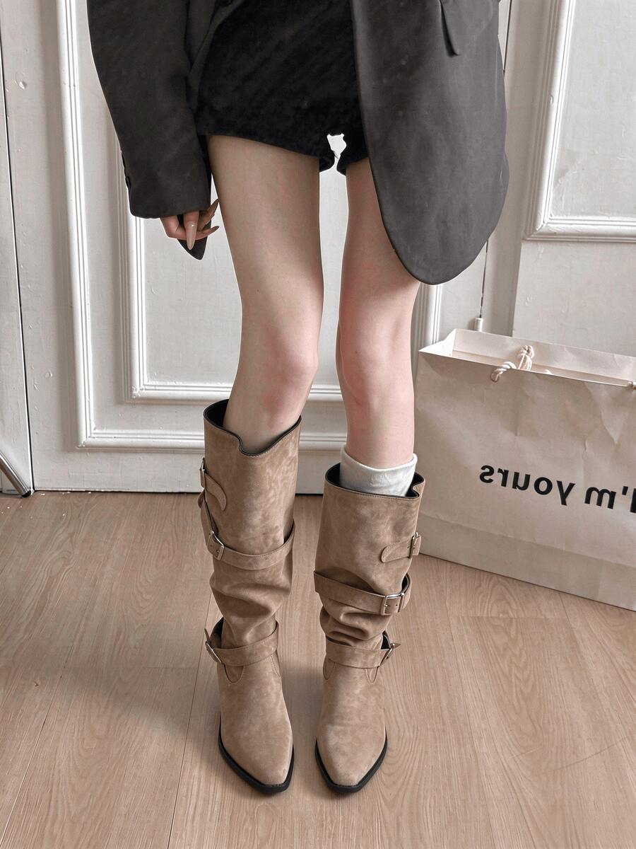 Women's Black Western Cowboy Knee-High Boots, Vintage Belt Buckle Chunky Heel Pointed Toe Slip-On Riding Boots, Suitable For Autumn/Winter - Khaki - View 1