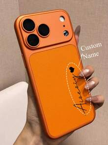 個性化字母圖案人造皮革手機殼，適用 18 17 16 15 14 13 Pro Max 系列，奢華鱷魚紋理，防震防刮，完美貼合，適用 18 17 Pro Max，理想聖誕禮物選擇 - 橘色 - 查看 1