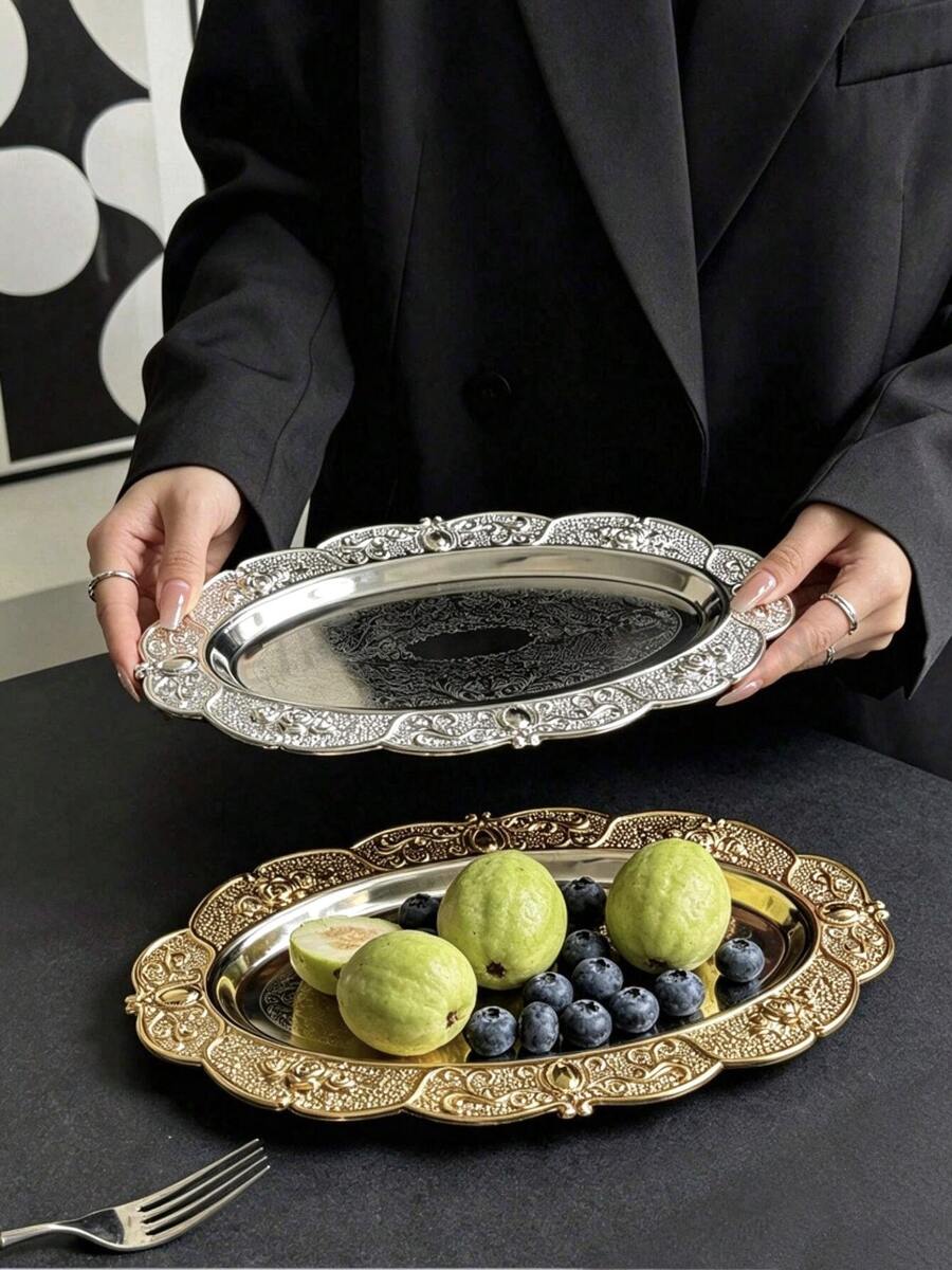One French Retro Relief Stainless Steel Tray, Suitable For Kitchen Tableware, Cake, Coffee, Dessert, Luxury Jewelry Display Tray, Desk Perfume Cosmetics Storage Tray, Home Garden Decoration, Kitchen Decoration, Bathroom Decoration
