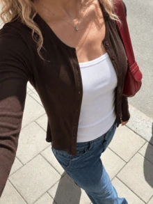 Women's Autumn/Winter Fashion Cardigan Button-Up Top, Slim Fit Long Sleeve Ruffle Trim T-Shirt - Brown - View 3