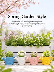 Creative Watering Can Embossed Ceramic Small Flower Pot, Macaron Colorful Mini Succulent Planter, Desktop Gardening Decorative Potted Plant Container - Watering Can - View 5