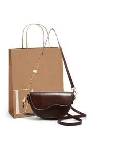 Glizzene Solid‑Color Retro Wavy Flap Saddle Bag For Women, Light‑Luxury MetalChain Splice PU Shoulder Strap  Bag For Daily Commute - coffee color - View 1