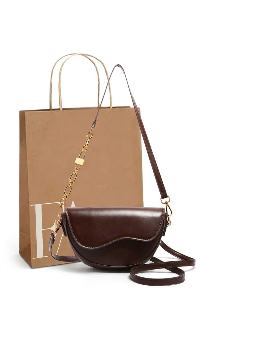 Glizzene Solid‑Color Retro Wavy Flap Saddle Bag For Women, Light‑Luxury MetalChain Splice PU Shoulder Strap Bag For Daily Commute - coffee color - View 1
