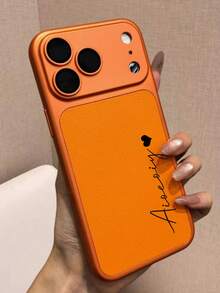 個性化字母圖案人造皮革手機殼，適用 18 17 16 15 14 13 Pro Max 系列，奢華鱷魚紋理，防震防刮，完美貼合，適用 18 17 Pro Max，理想聖誕禮物選擇 - 橘色 - 查看 2