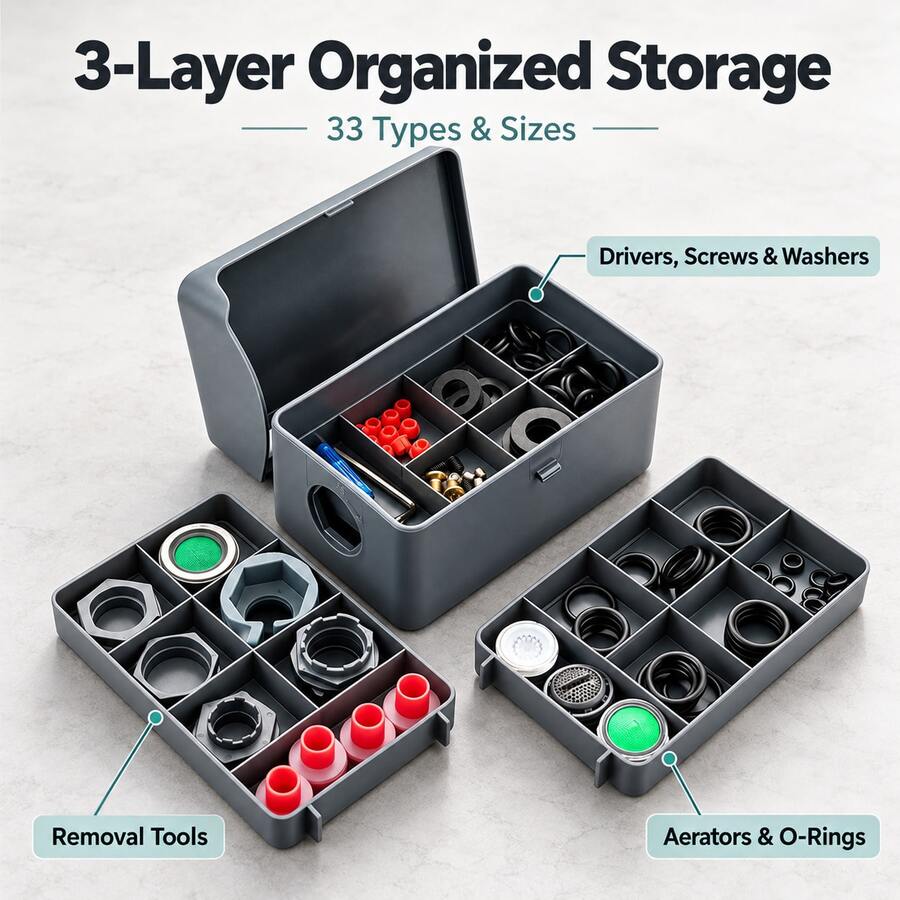 3-Layer Faucet Repair Tool Kit With Aerator Removal Keys, O-Rings, Sealing Washers, Hex Keys & Screws For Kitchen And Bathroom - A - View 1